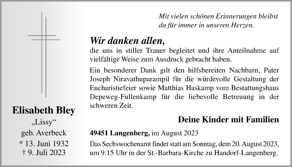  Traueranzeige für Elisabeth Bley vom 19.08.2023 aus OM-Medien