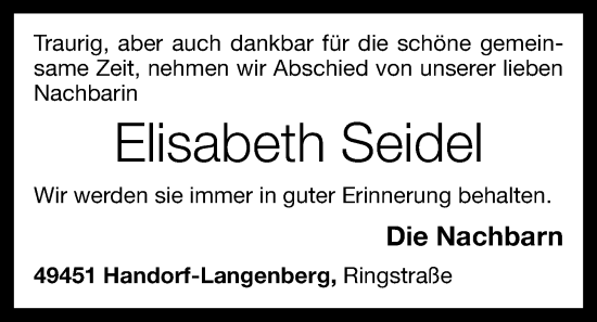 Anzeige von Elisabeth Seidel von OM-Medien