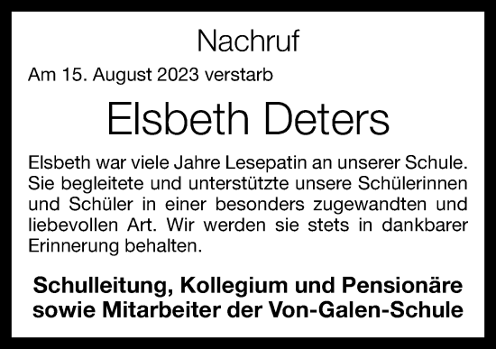 Anzeige von Elsbeth Deters von OM-Medien