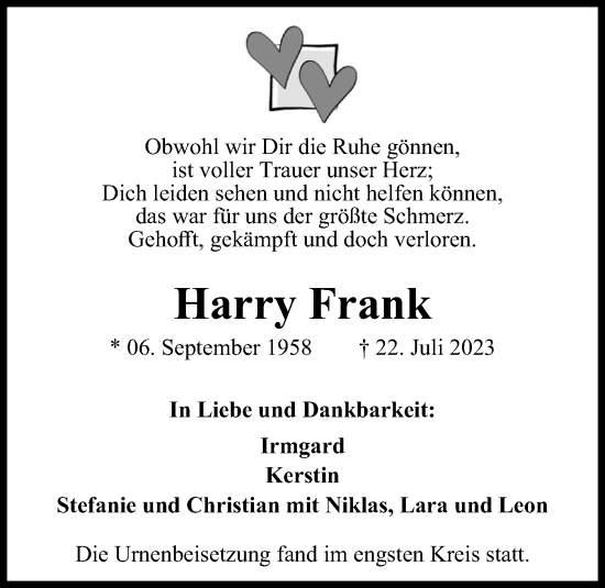 Anzeige von Harry Frank von OM-Medien