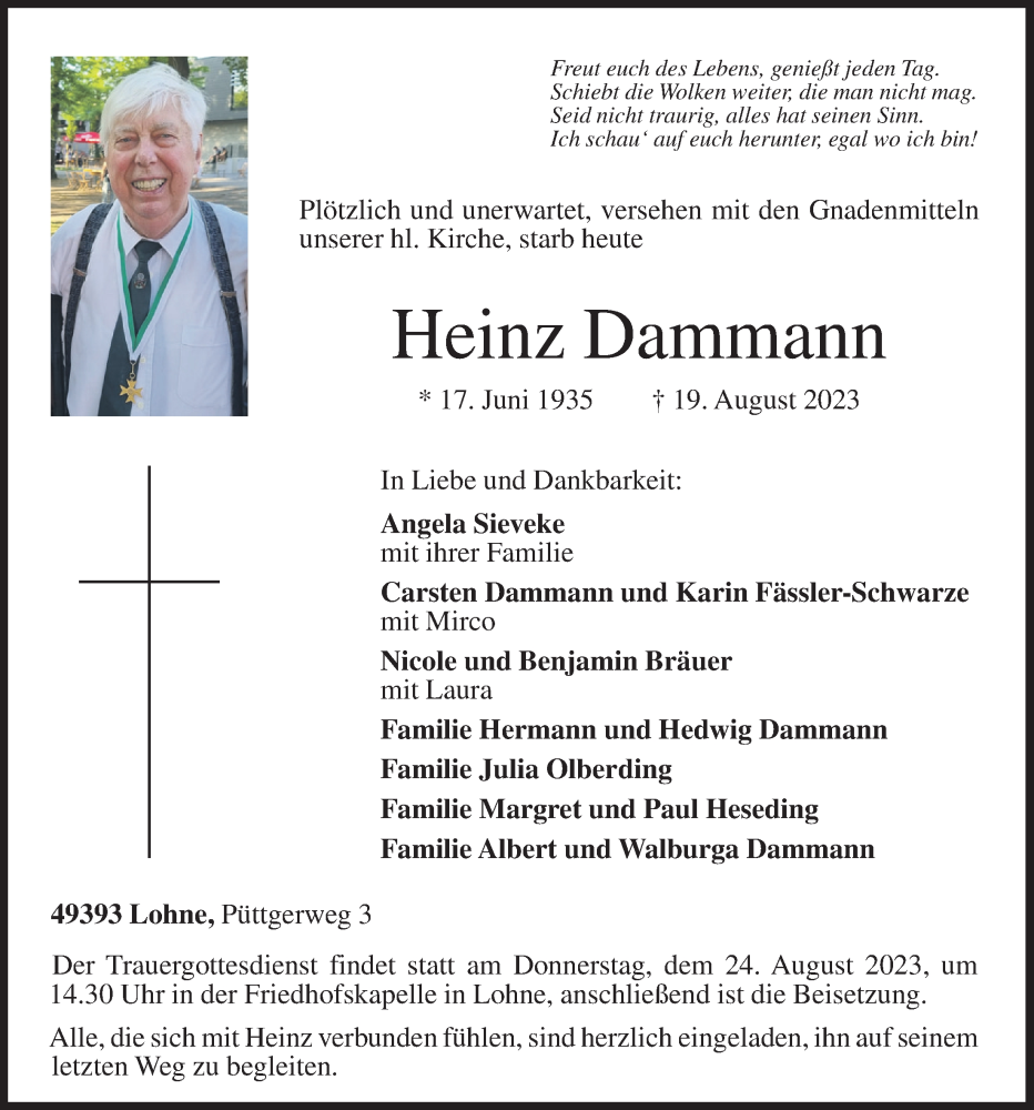 Traueranzeigen von Heinz Dammann | om-trauer.de