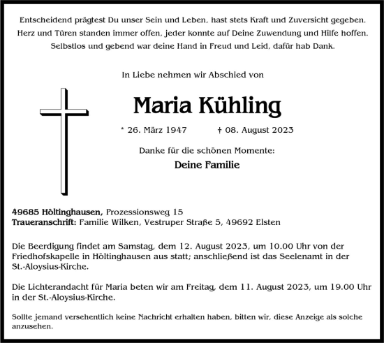 Anzeige von Maria Kühling von OM-Medien