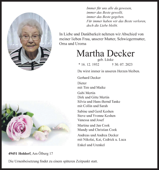 Anzeige von Martha Decker von OM-Medien