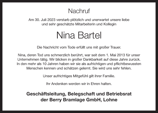 Anzeige von Nina Bartel von OM-Medien