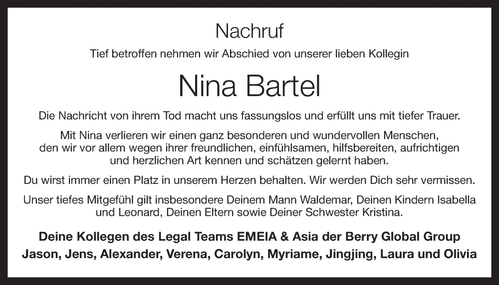  Traueranzeige für Nina Bartel vom 03.08.2023 aus OM-Medien