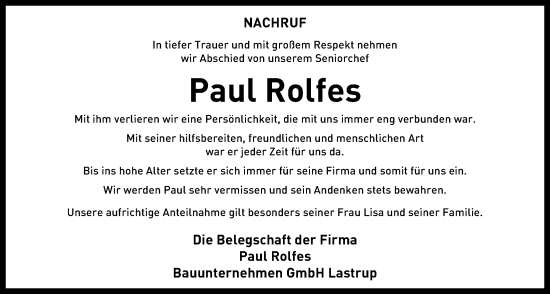 Anzeige von Paul Rolfes von OM-Medien