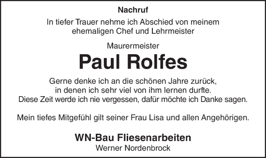 Anzeige von Paul Rolfes von OM-Medien