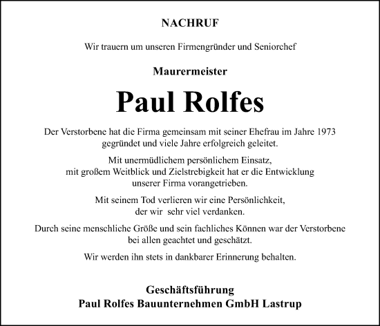 Anzeige von Paul Rolfes von OM-Medien