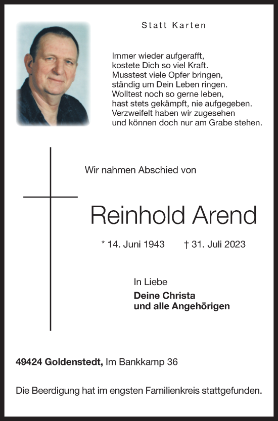 Anzeige von Reinhold Arend von OM-Medien