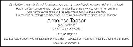 Anzeige von Anneliese Tegeler von OM-Medien