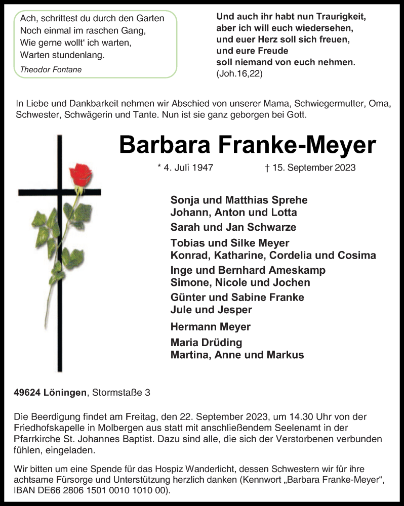  Traueranzeige für Barbara Franke-Meyer vom 20.09.2023 aus OM-Medien