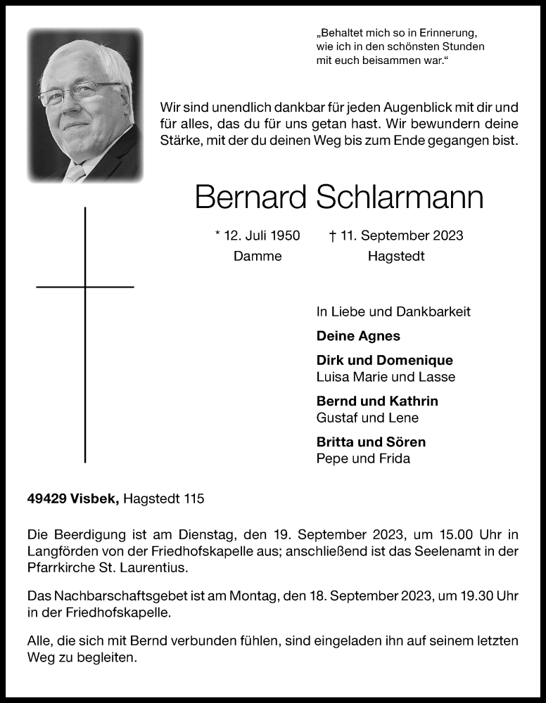  Traueranzeige für Bernard Schlarmann vom 14.09.2023 aus OM-Medien