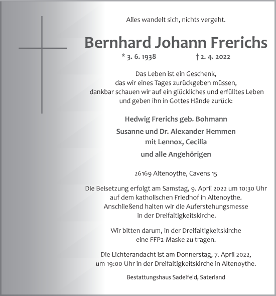 Anzeige von Bernhard Johann Frerichs von OM-Medien