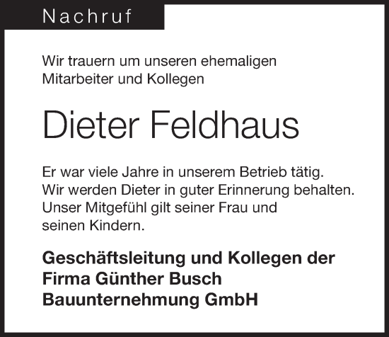 Anzeige von Dieter Feldhaus von OM-Medien