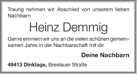 Anzeige von Heinz Demmig von OM-Medien