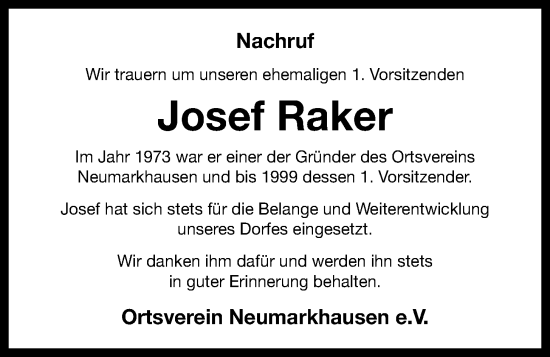 Anzeige von Josef Raker von OM-Medien