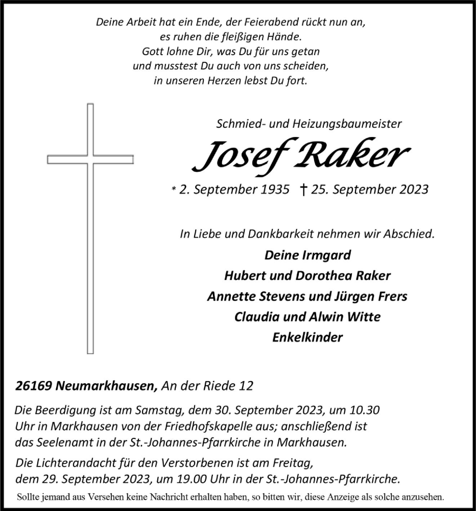  Traueranzeige für Josef Raker vom 28.09.2023 aus OM-Medien