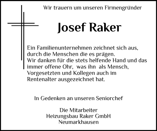 Anzeige von Josef Raker von OM-Medien