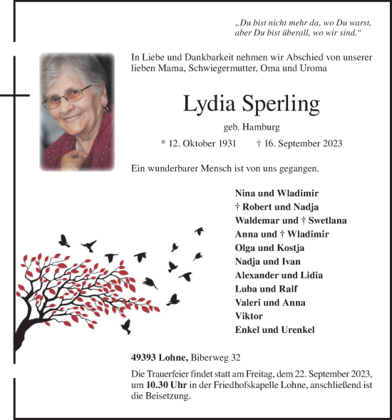 Anzeige von Lydia Sperling von OM-Medien