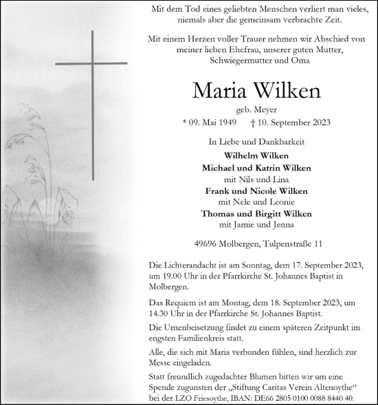 Anzeige von Maria Wilken von OM-Medien