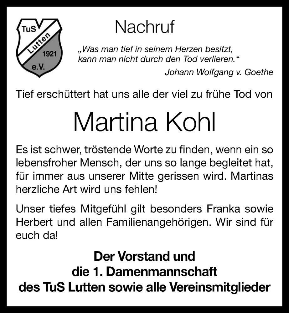  Traueranzeige für Martina Kohl vom 08.09.2023 aus OM-Medien