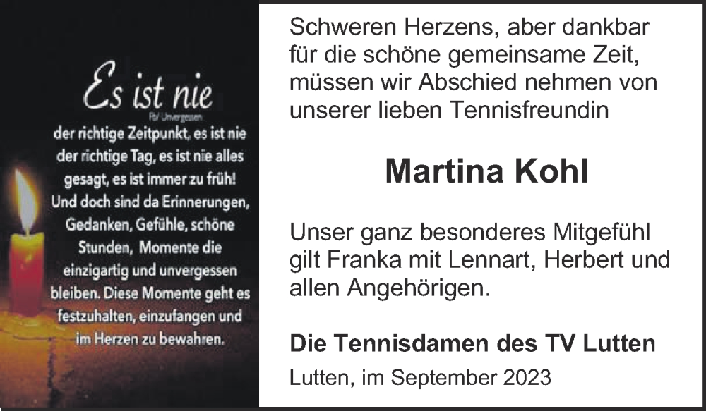  Traueranzeige für Martina Kohl vom 09.09.2023 aus OM-Medien