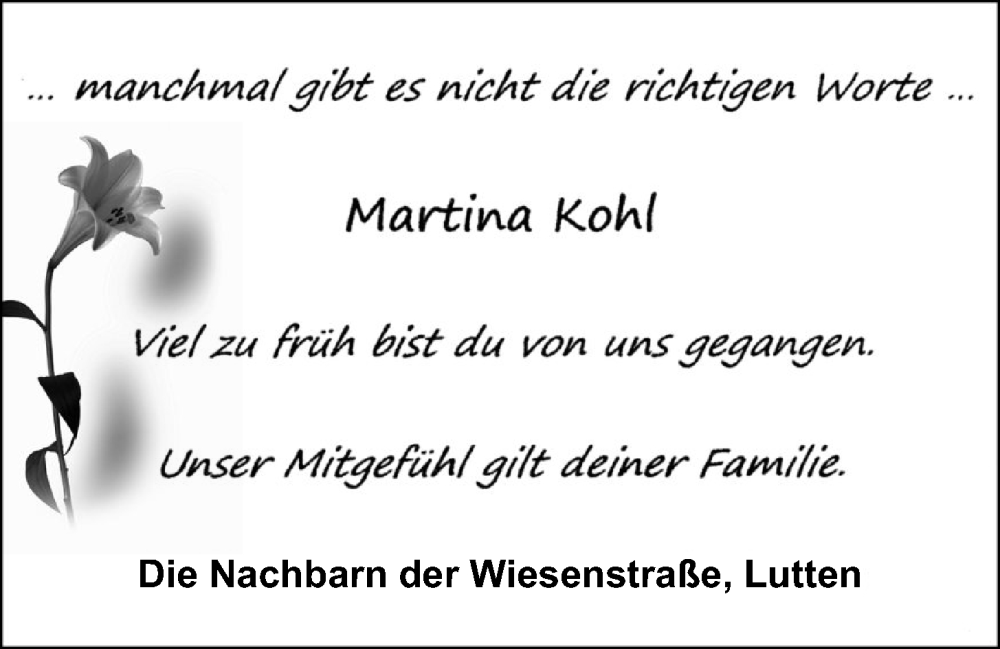  Traueranzeige für Martina Kohl vom 08.09.2023 aus OM-Medien