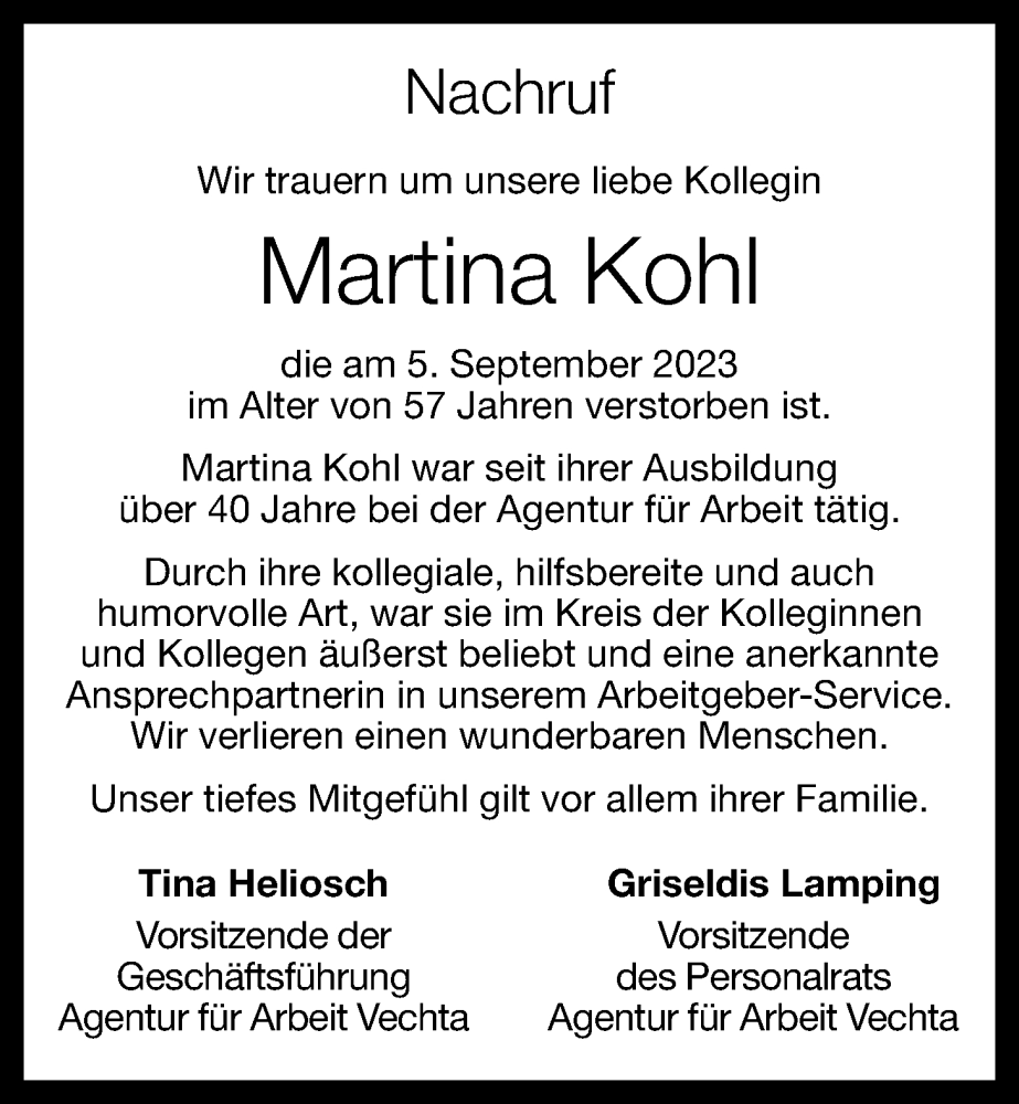  Traueranzeige für Martina Kohl vom 09.09.2023 aus OM-Medien