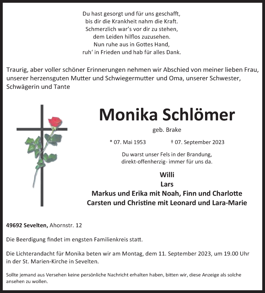  Traueranzeige für Monika Schlömer vom 09.09.2023 aus OM-Medien