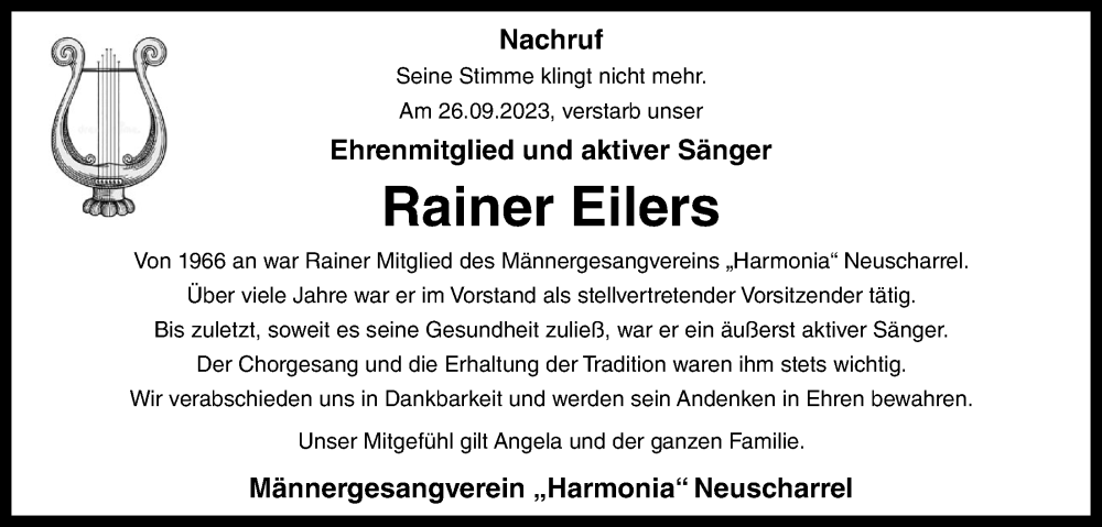  Traueranzeige für Rainer Eilers vom 28.09.2023 aus OM-Medien