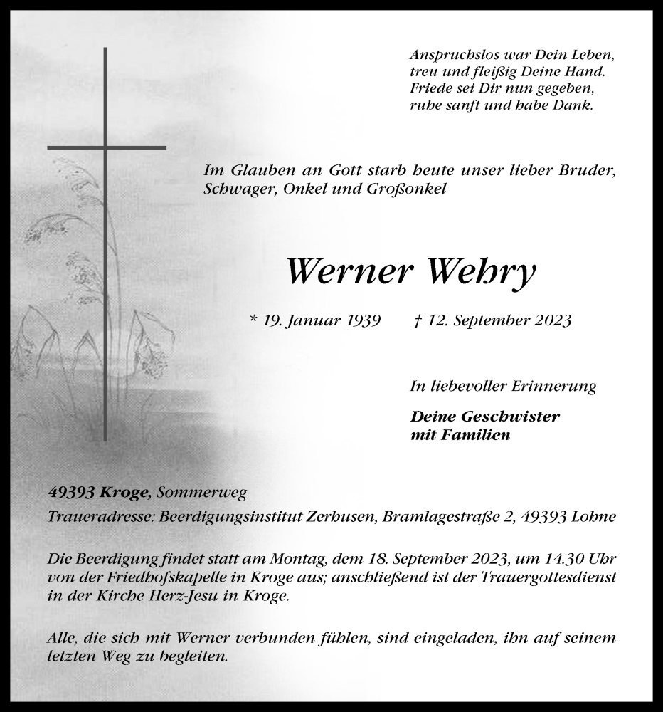  Traueranzeige für Werner Wehry vom 15.09.2023 aus OM-Medien
