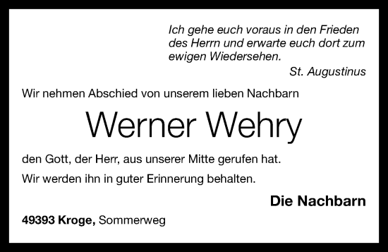 Anzeige von Werner Wehry von OM-Medien