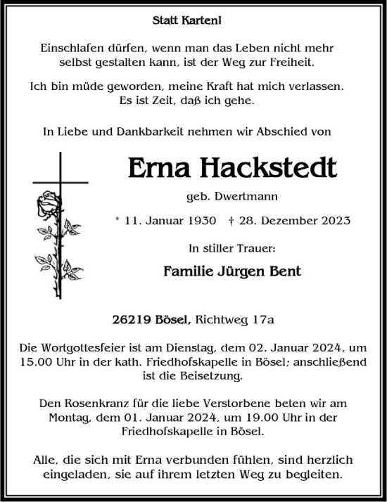 Anzeige von Erna Hackstedt von OM-Medien