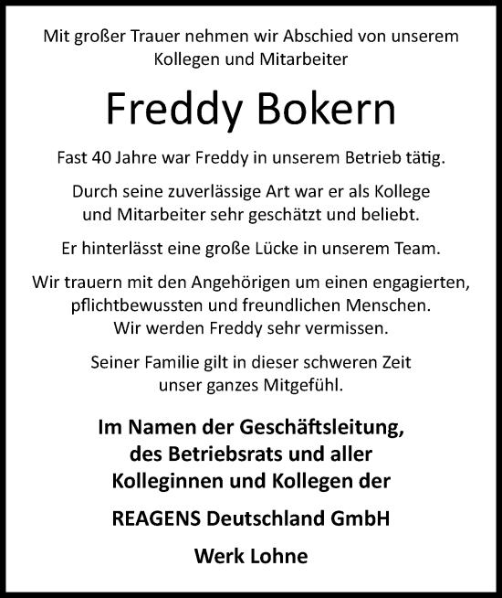 Anzeige von Freddy Bokern von OM-Medien