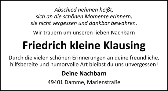 Anzeige von Friedrich kleine Klausing von OM-Medien