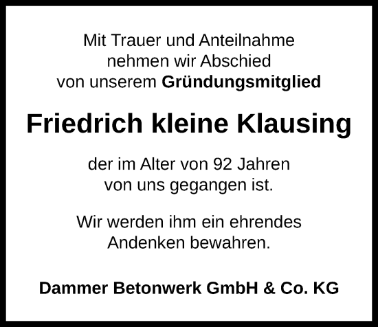 Anzeige von Friedrich kleine Klausing von OM-Medien