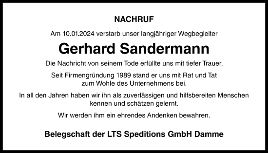 Anzeige von Gerhard Sandermann von OM-Medien