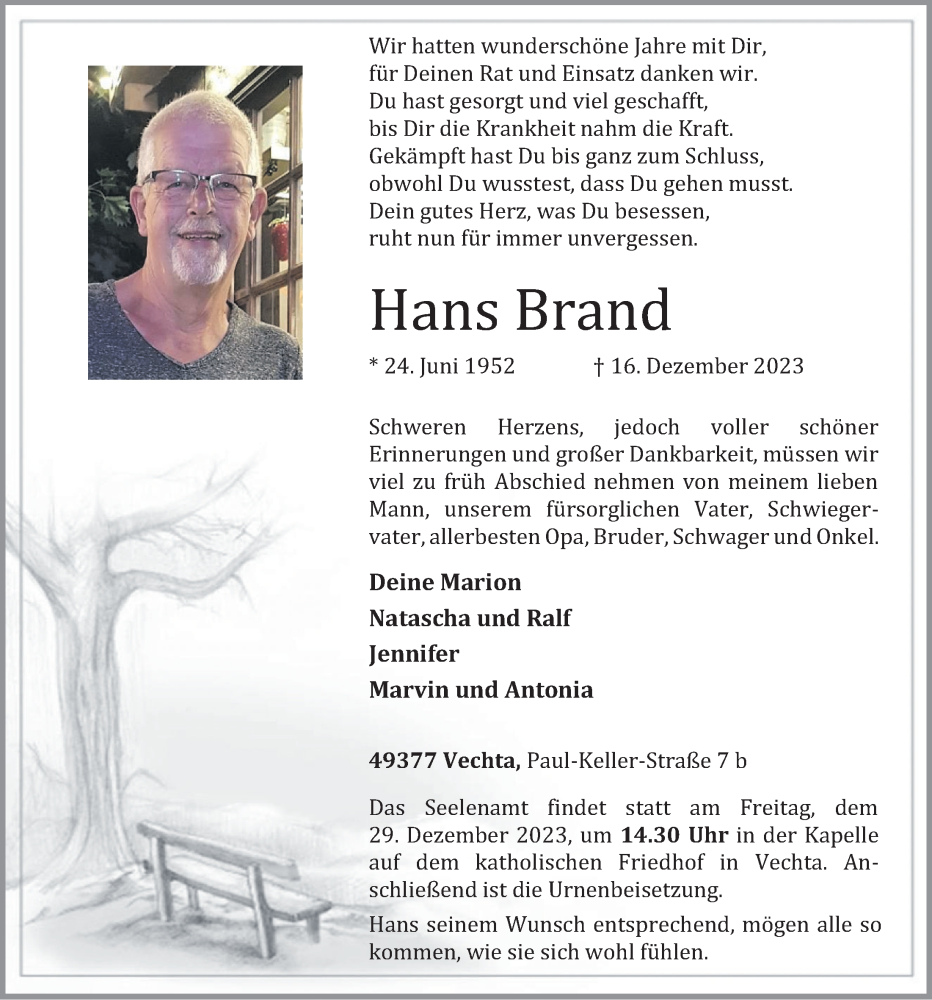  Traueranzeige für Hans Brand vom 23.12.2023 aus OM-Medien