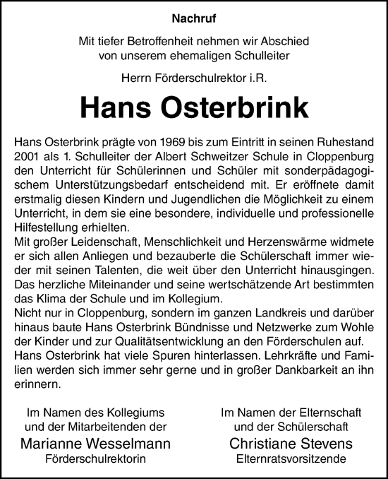 Anzeige von Hans Osterbrink von OM-Medien