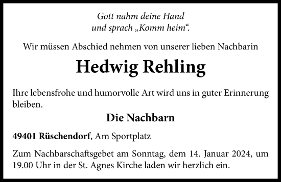 Anzeige von Hedwig Rehling von OM-Medien