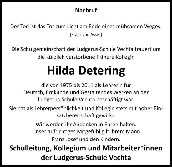 Anzeige von Hilda Detering von OM-Medien