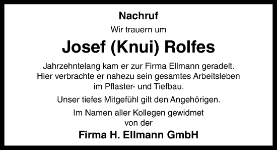 Anzeige von Josef Rolfes von OM-Medien