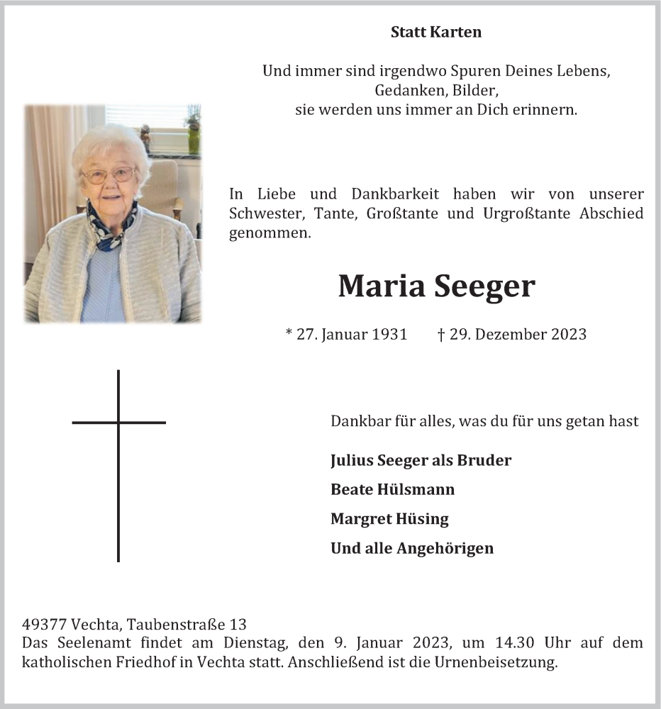 Traueranzeigen von Maria Seeger | om-trauer.de