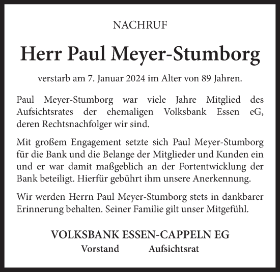 Anzeige von Paul Meyer-Stumborg von OM-Medien