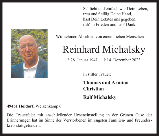 Anzeige von Reinhard Michalsky von OM-Medien