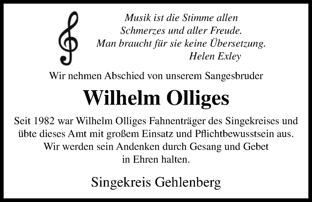  Traueranzeige für Wilhelm Olliges vom 26.01.2024 aus OM-Medien