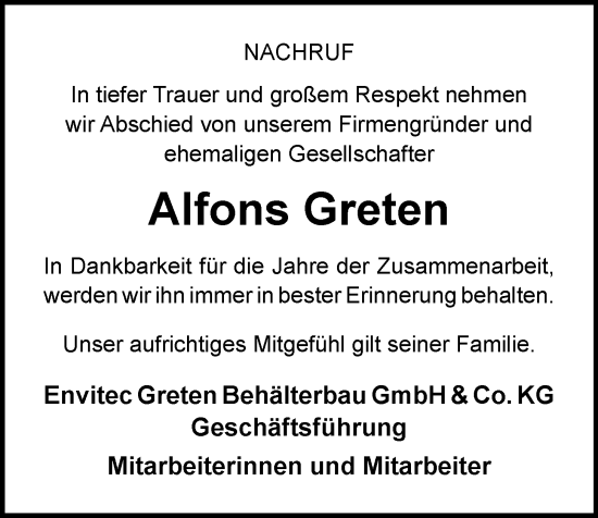 Anzeige von Alfons Greten von OM-Medien