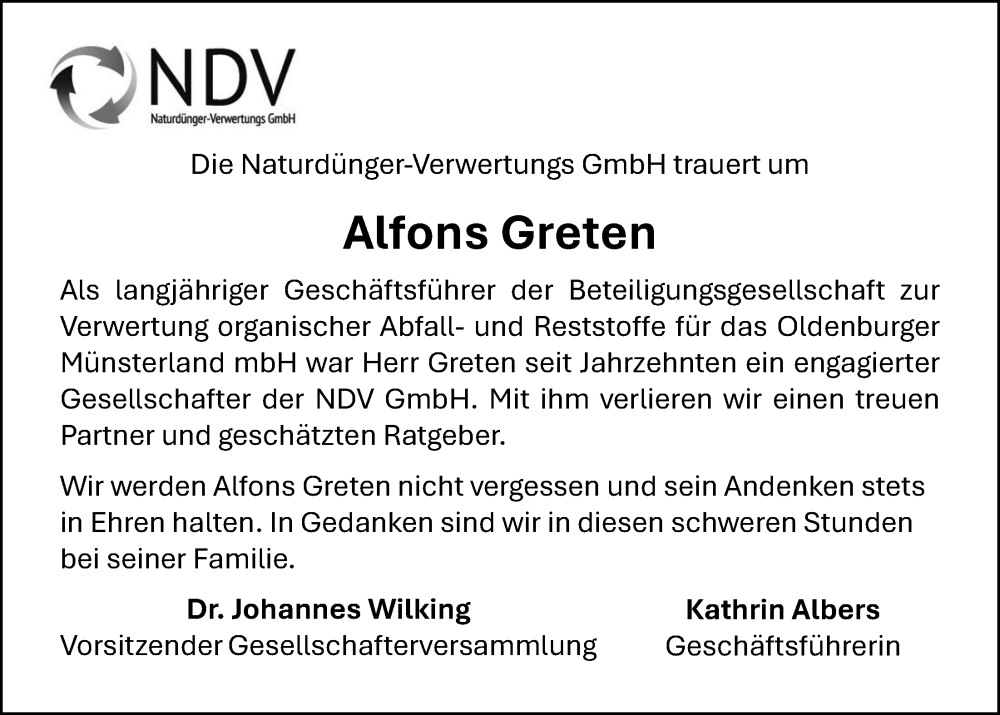  Traueranzeige für Alfons Greten vom 26.10.2024 aus OM-Medien