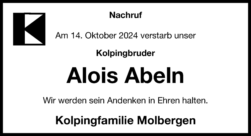  Traueranzeige für Alois Abeln vom 18.10.2024 aus OM-Medien