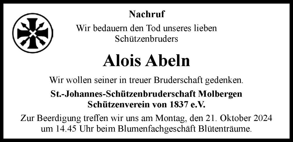  Traueranzeige für Alois Abeln vom 18.10.2024 aus OM-Medien